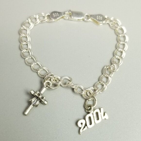 Silver Charm Bracelet with Cross and Year Pendant - Picture 1 of 11